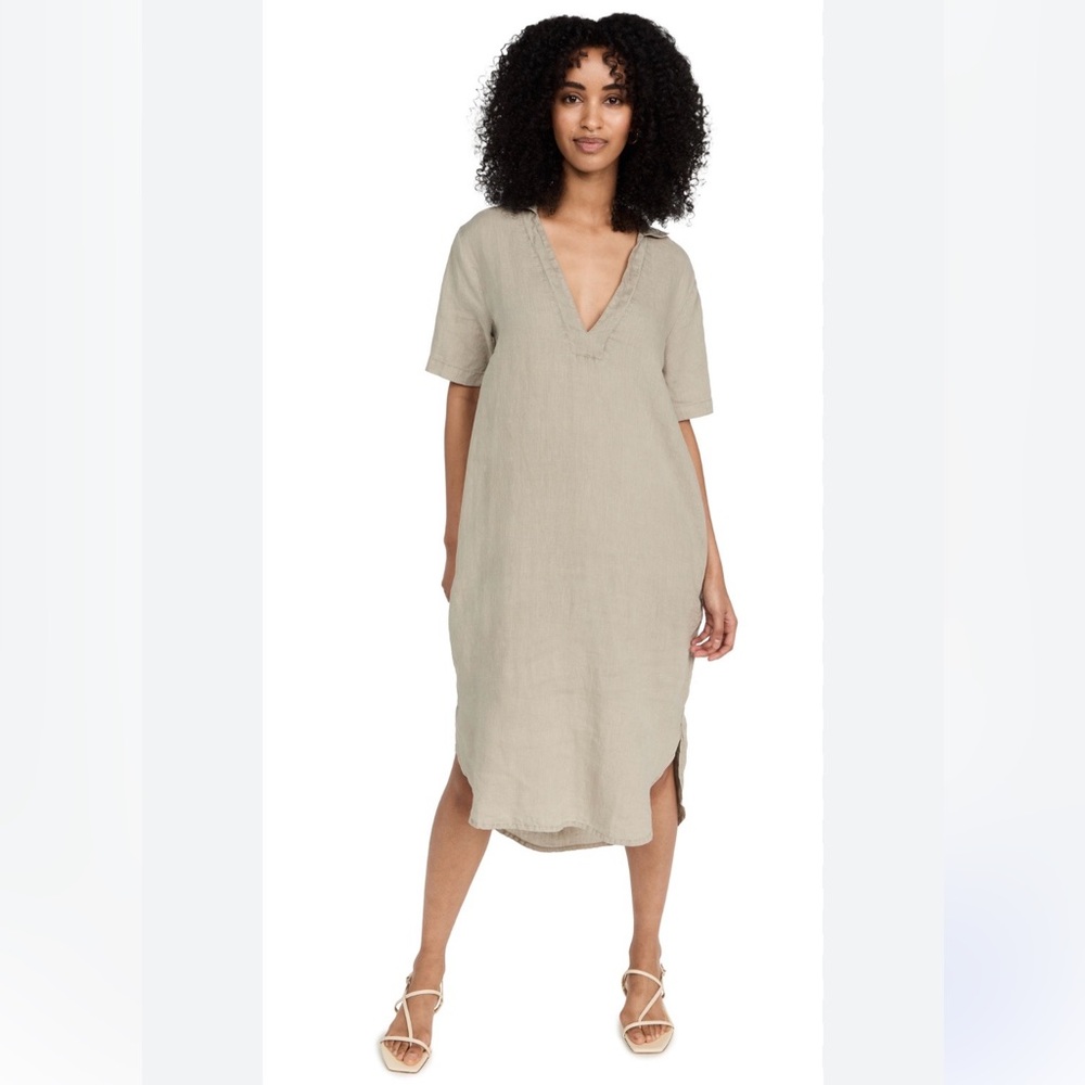James Perse Linen Open Henley Shirt Dress Silt Pigment Taupe XS Midi Maxi